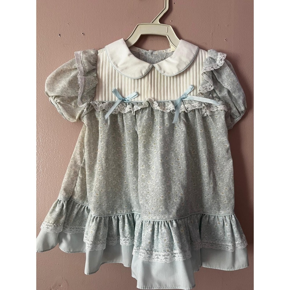 Peaches 'n Cream Vintage smocked Floral Dress Blue Lace Ruffle 24 Months